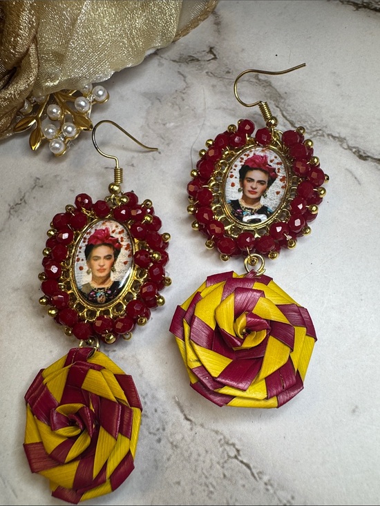 Jewelry - Frida Kahlo Red & Yellow Statement Artisan Earrings-Made in Mexico NWOT